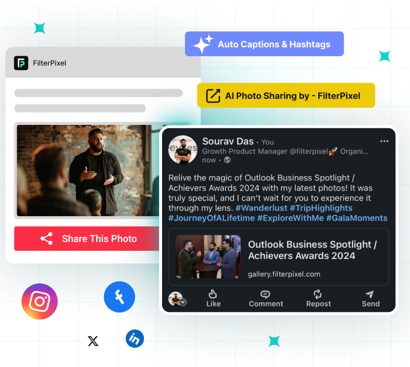 FilterPixel Live speaker galleries — send private album of every speaker without confidential details, showing real event photos from conferences